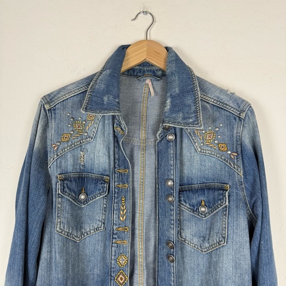 Free People Moonchild Embroidered Distressed Shirt Jean Jacket - Picture 5 of 9